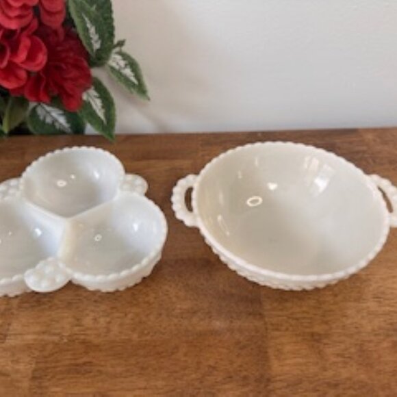 Vintage Hobnail Milk Glass Bowl and Divided Dish Set – Creamy White Textured Gla - Picture 3 of 4